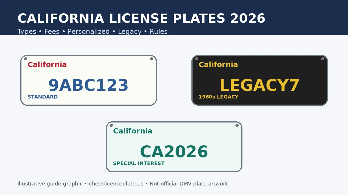 Illustrated California license plate guide showing standard, 1960s Legacy and special-interest plate examples