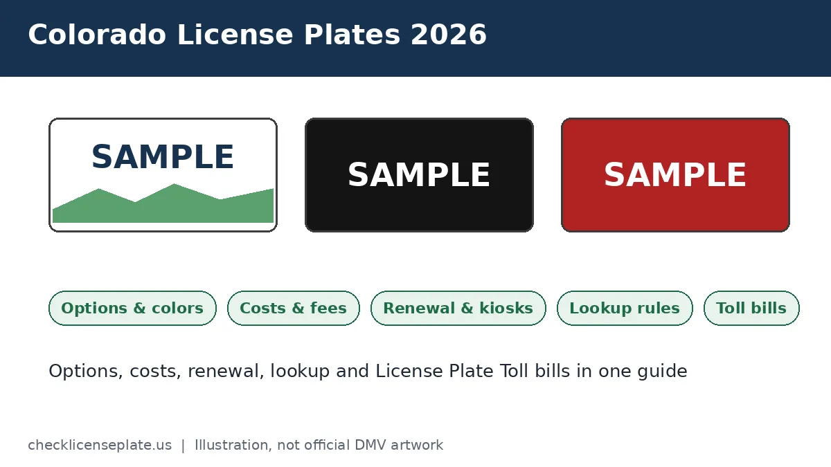 Illustration of Colorado license plate options, renewal and toll topics covered in this 2026 guide