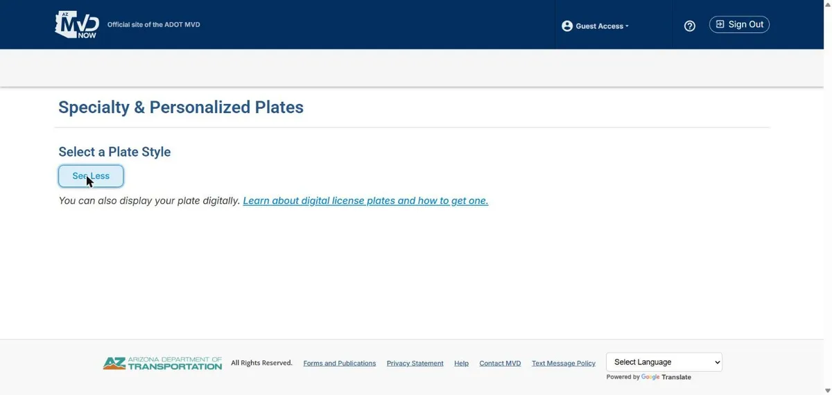 AZ MVD Now Specialty and Personalized Plates page with the Select a Plate Style button